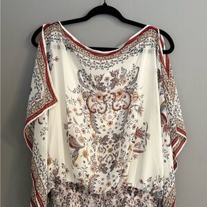 Max Studio White Boho Floral Print Tunic with Red Trim
